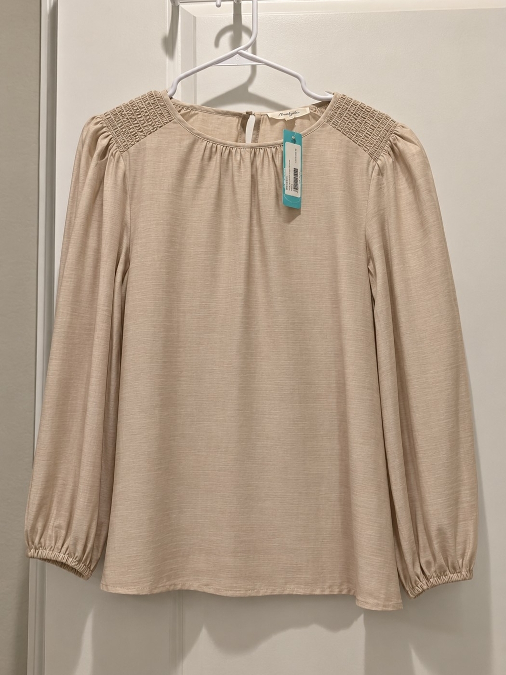 Smocked-Shoulder Long Sleeve Blouse in Beige